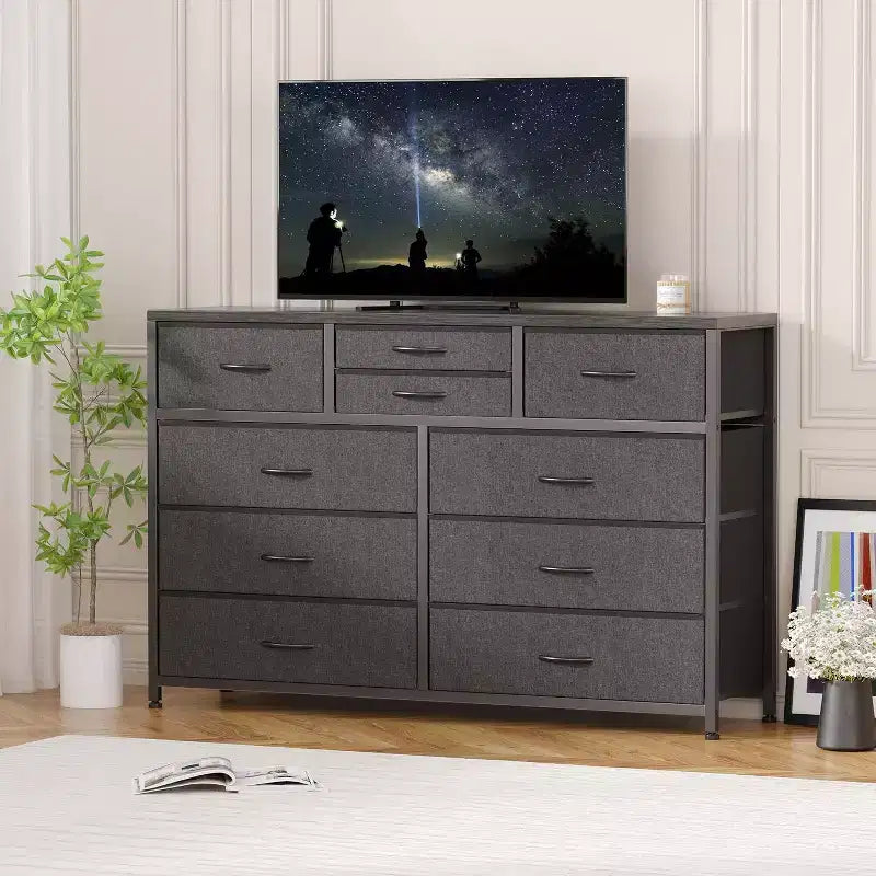 10 Drawers Fabric Dressers for Bedroom, Wood Top, Steel Frame, Modern Chest of Drawers, Lightweight Dresser with Fabric Bins for Living Room, Hallway