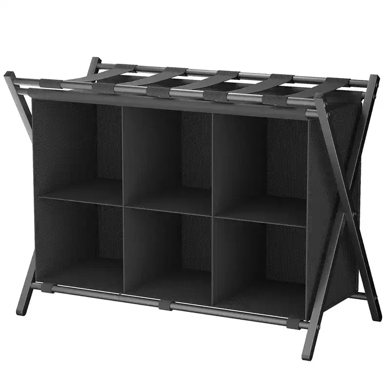 Folding Luggage Rack with 6-Cube Fabric Storage Shelf for Guest Room