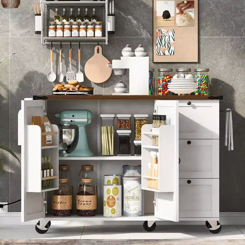 Whisen Farmhouse Style Kitchen Cart Island with Drop Leaf and Locking Wheels