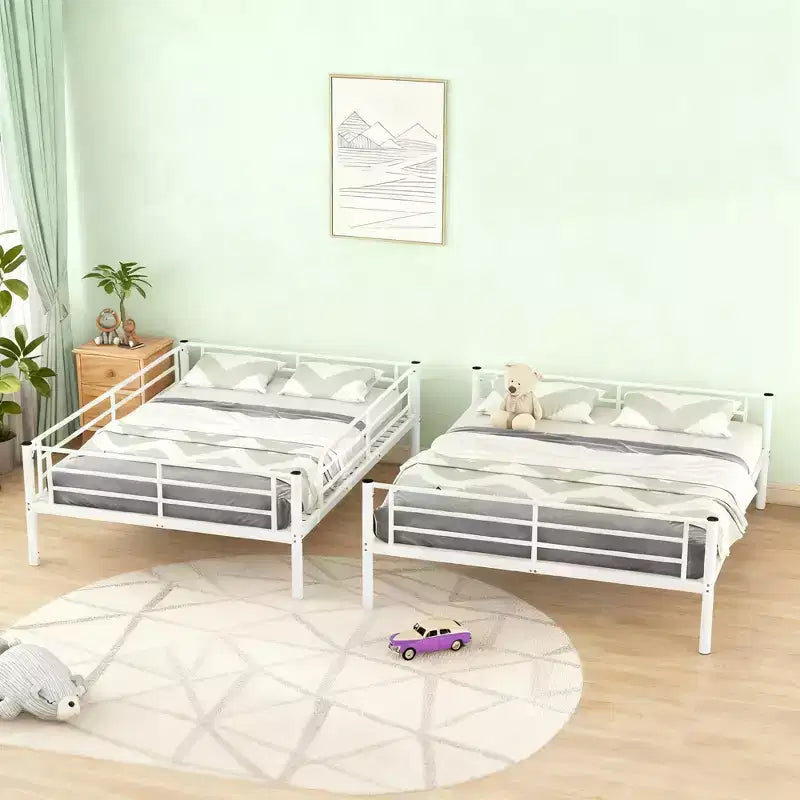 Full XL Over Queen Bunk Bed, Metal Frame with Safety Guardrails, Splits into Two Standalone Beds