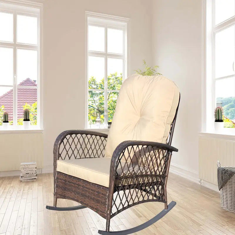 Outdoor Wicker Rocking Chair with Wide Seat, All- Weather Rattan Armchair for Poolside, Garden, Porch, Backyard