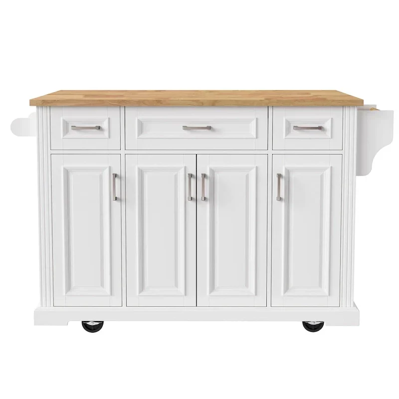 Large Kitchen Island with Wood Drop Leaf, Embossed Texture Rolling Kitchen Cart wDoors and Drawers wStorage for Kitchen, White