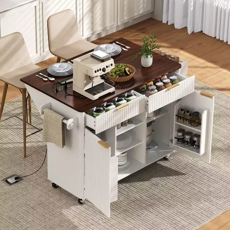 52-Inch Fluted Kitchen Island Cart with Power Outlet and Faux Marble Drop Leaf
