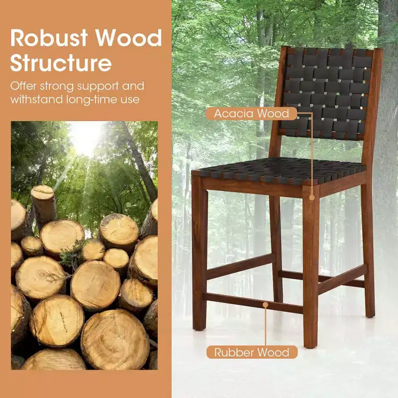 Costway Woven Bar Stools Set of 2 Counter Height Dining Chairs Faux PU Leather Kitchen