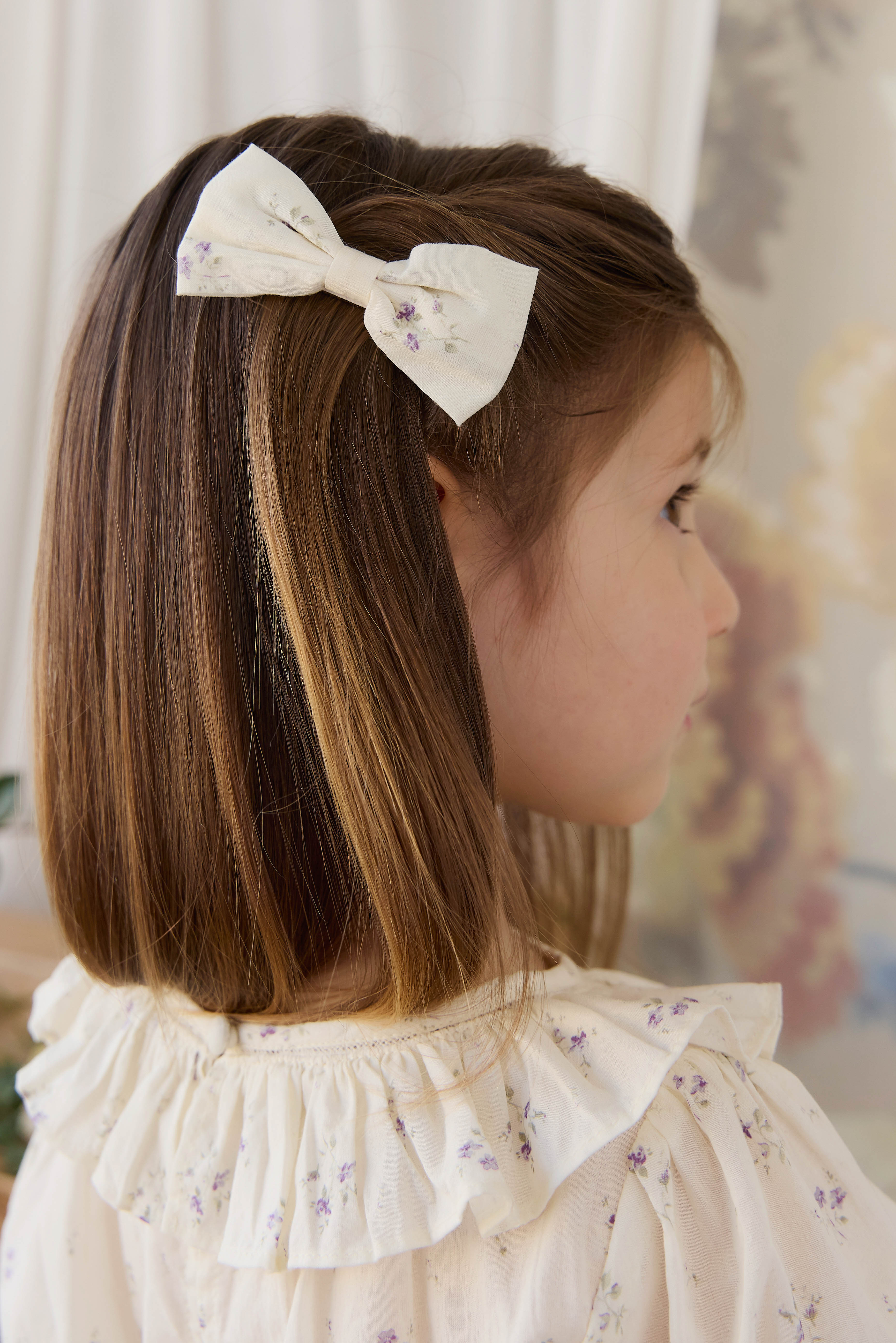 Fresh Cream Jade & Lavender Floral Print Organic Cotton Hair Bow with Approx. 8cm Wide Refined Cut for Girls Everyday Styling