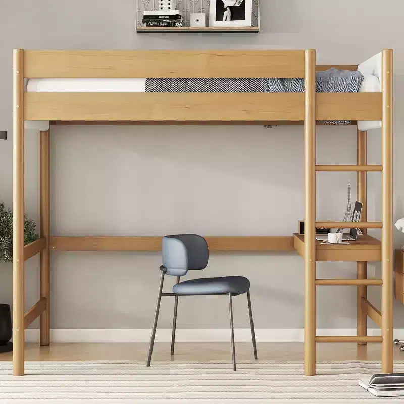 Twin Size Loft Bed with Built-in Desk, Boucle Upholstered Headboard/Footboard, Rubber Wood Bed Frame, Natural