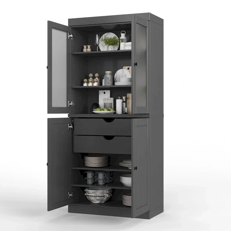 100% Solid Wood Pantry Cabinet with Frosted Glass Doors, Solid Doors, 2-Drawers and Adjustable Shelves