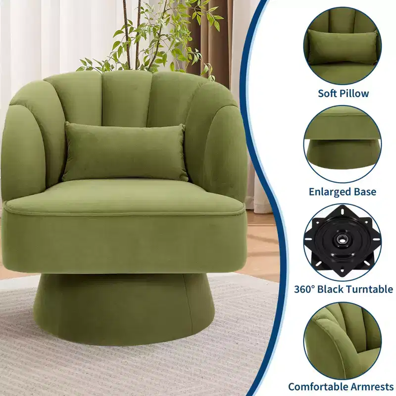 Modern Swivel Barrel Accent Chair, 360 Degree Velvet Upholstered Armchair with Striped Backrest & Plush Padding, Comfy Round Lounge Chair 2 PCS