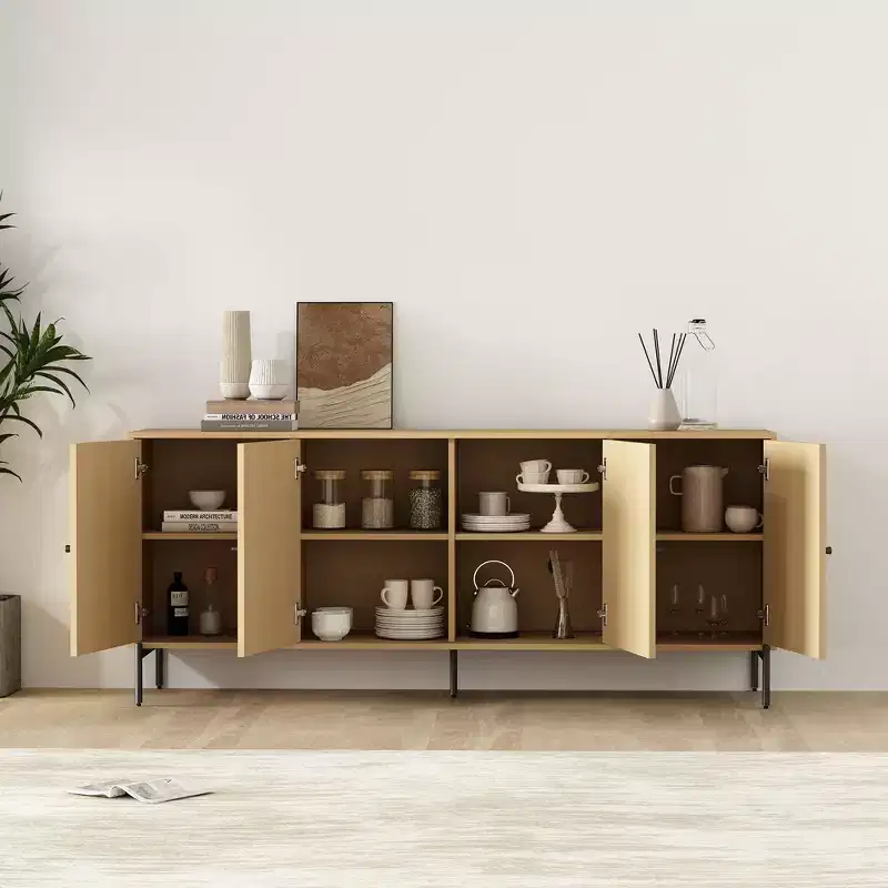 GDFStudio Ocilla 71 Modern Slatted Door Sideboard with Adjustable Shelves and Metal Legs