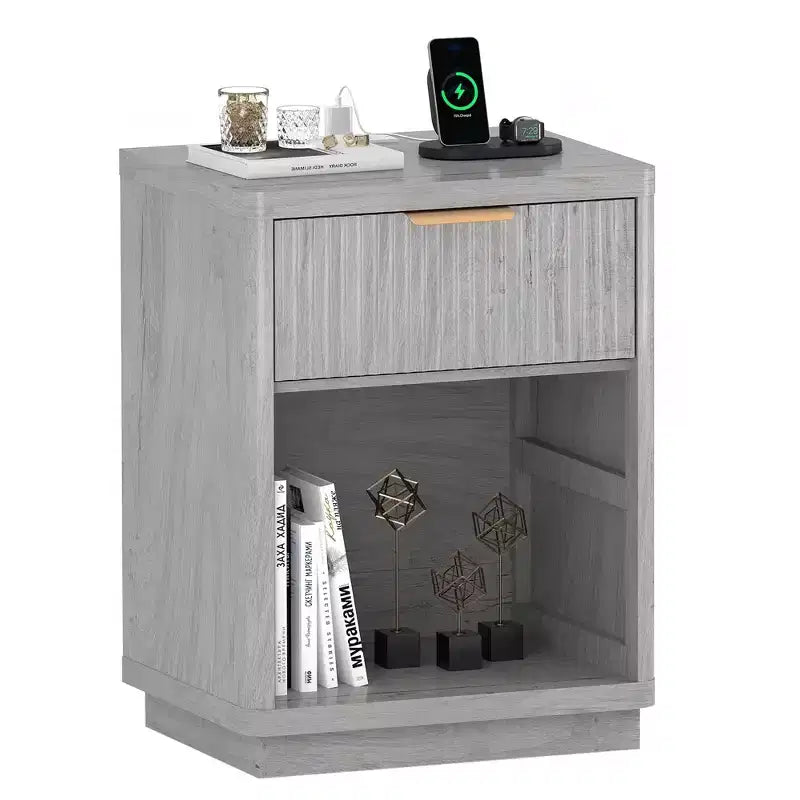 Fluted Nightstand with Charging Station and Drawers