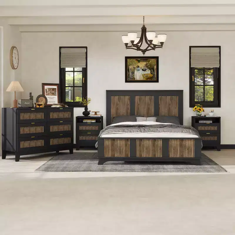 Whisen 4-Pieces Bedroom Sets, Queen Size Farmhouse Platform Bed & Storage Nightstand and Dresser with Metal Handle