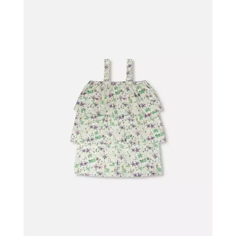 Deux par Deux Girl Jersey Romper with Tiers Green Printed Flowers