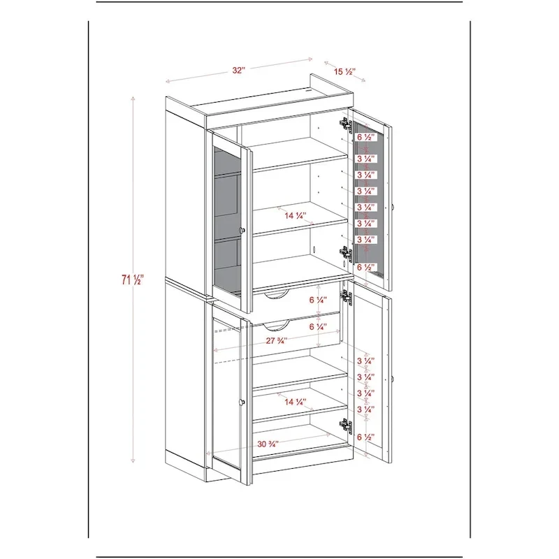 100% Solid Wood Pantry Cabinet with Frosted Glass Doors, Solid Doors, 2-Drawers and Adjustable Shelves
