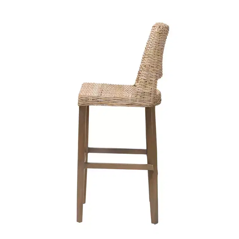bali & pari Magy Rattan and Mahogany Wood Barstool Kubu Gray/Rustic Taupe