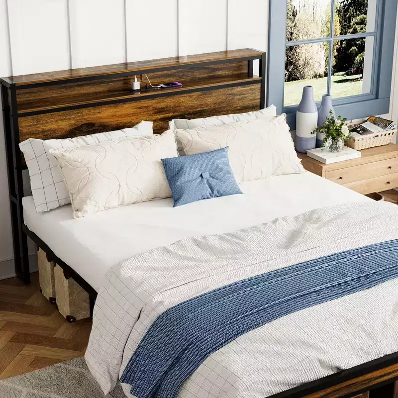Queen Size Bed Frame with Headboard, Metal Platform Bed Frame with Storage Shelf, Metal Slats Support, No Box Spring Needed, Noise Free