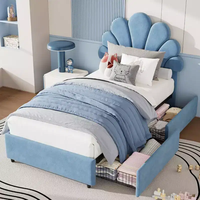 Twin Princess Velvet Bed Frame with Adjustable Headboard & 2 Storage Drawers, Solid Wood Slat Support, No Box Spring Needed for Kids' Room
