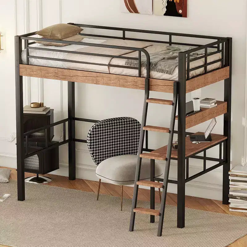 Okak Industrial Twin/Full Size Loft Bed with Built-in Desk,Metal Bunk Bed with Storage Shelves & Ladder,Multi-Functional Loft Beds for Teens & Adults