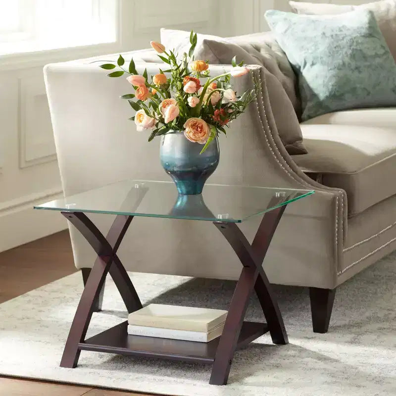 Elm Lane Ashton Modern Espresso Wood Square Accent Side End Table 23 3/4 Wide with Shelf Brown Clear Glass Tabletop for Living Room Bedroom Entryway
