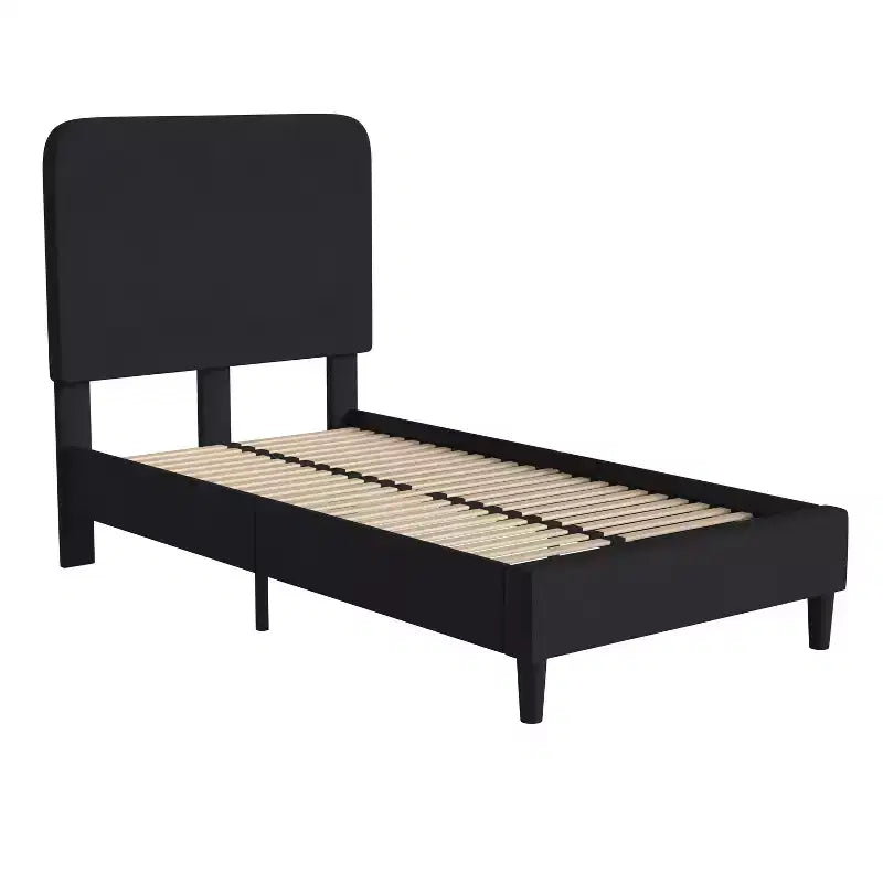 Emma and Oliver Pasithea Upholstered Platform Bed with Curved, Slim Panel Headboard and Wooden Support Slats
