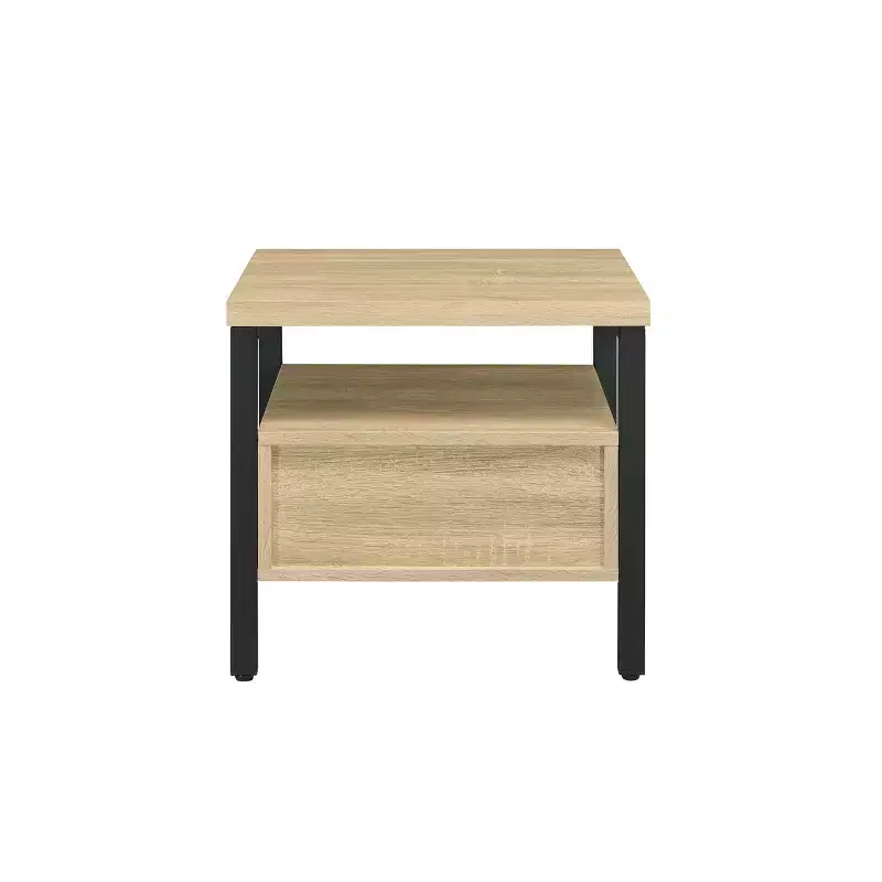 20 Yawan Accent Table Oak/Black Finish - Acme Furniture: Rectangular with Drawer, Open Shelf, Metal Glides