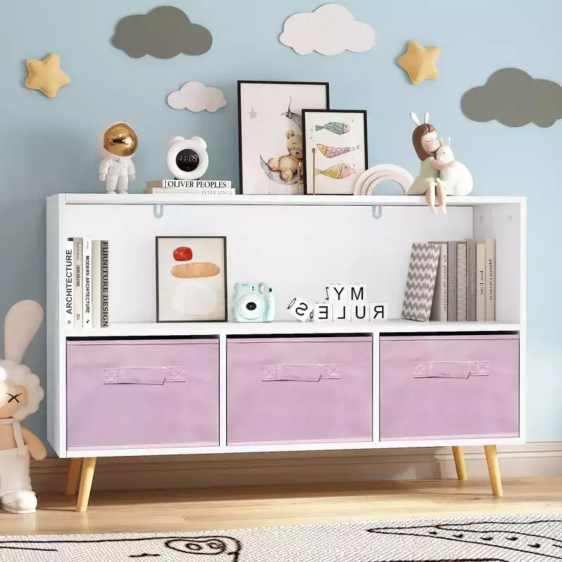 MAYEERTY Kid Bookshelf with Collapsible Fabric Drawers Toy Storage Cabinet Orangizer White and BLue