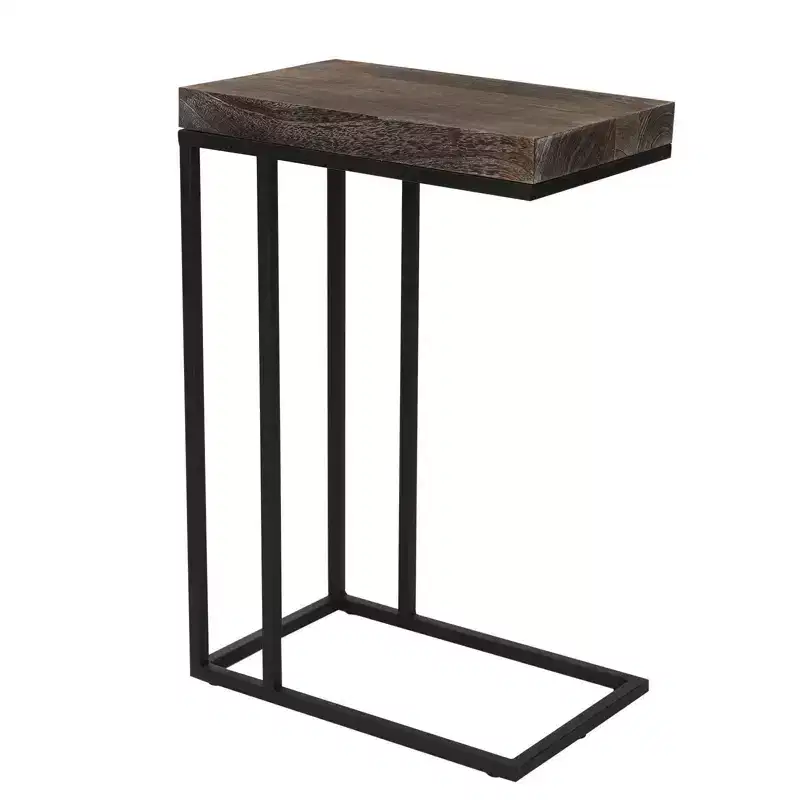 Solid Wood and Steel C-Shaped End Table Rustic Brown