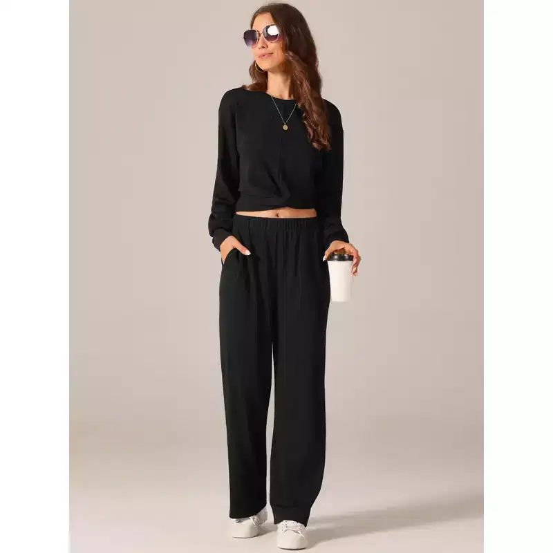 Seta T Women's Two Piece Outfits Front Cropped Sweatshirt and Wide Leg Sweatpant Tracksuit Lounge Set