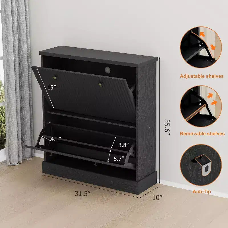 31.5 Fluted Shoe Cabinet with 2 Flip Drawers - Narrow Entryway Organizer with Adjustable Shelves for Hallway Bedroom