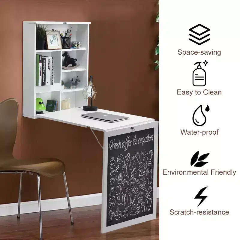 Costway Wall Mounted Table Fold Out Convertible Desk with A Blackboard/Chalkboard Black\Brown\White\Grey