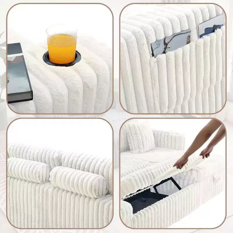 MooxvMoo 124 U-Shaped Sleeper Sofa with Storage,Oversized Convertible Couch Featuring Pull-Out Bed,Adjustable Backrest,USB Ports & Cup Holders,White