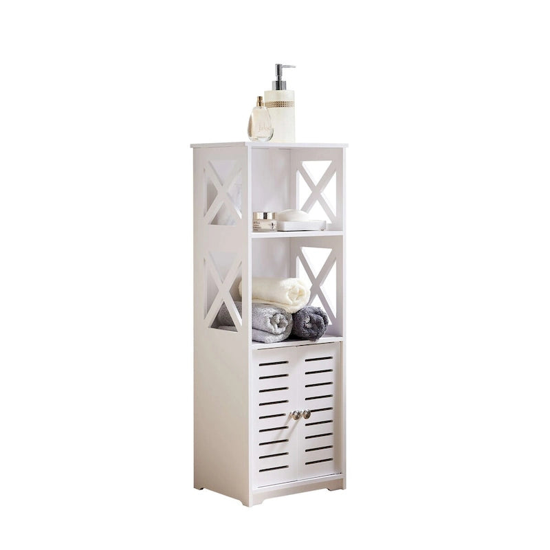 White Bathroom Floor Storage Cabinet with Open Shelves and Louvered Door