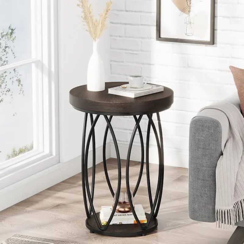 Round Side Table with Metal Frame and Wood Top