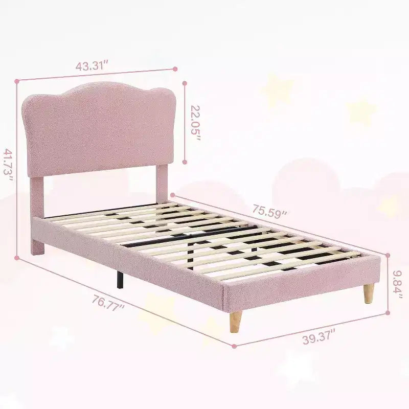Upholstered Twin Bed Frame with Headboard, 77x39.4 in Toddler Bed for Kids Girls, Soft Padded Platform Bedframe, Sturdy Wooden Slats Support, Pink