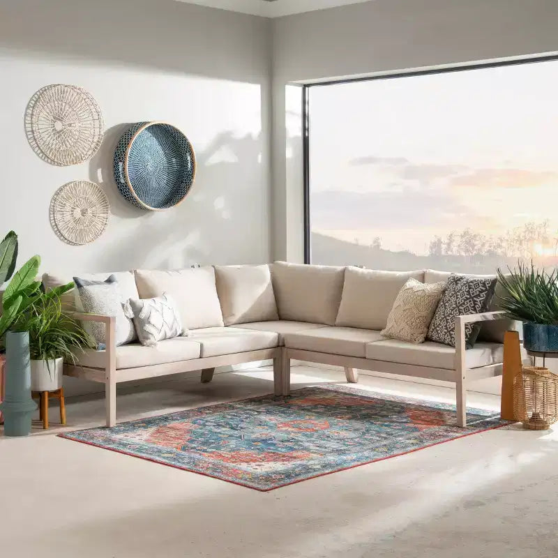 Linon 4pc Melita Acacia Sectional & Coffee Table Beige