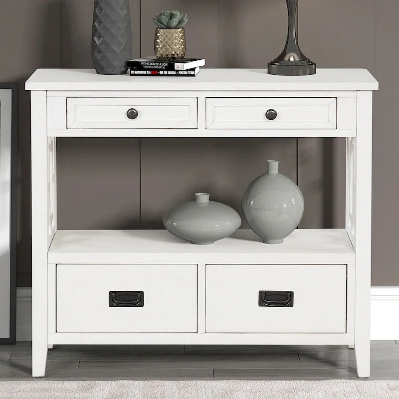 36 in. Farmhouse Pine Wood Console Table with 4 Drawers and Open Shelf