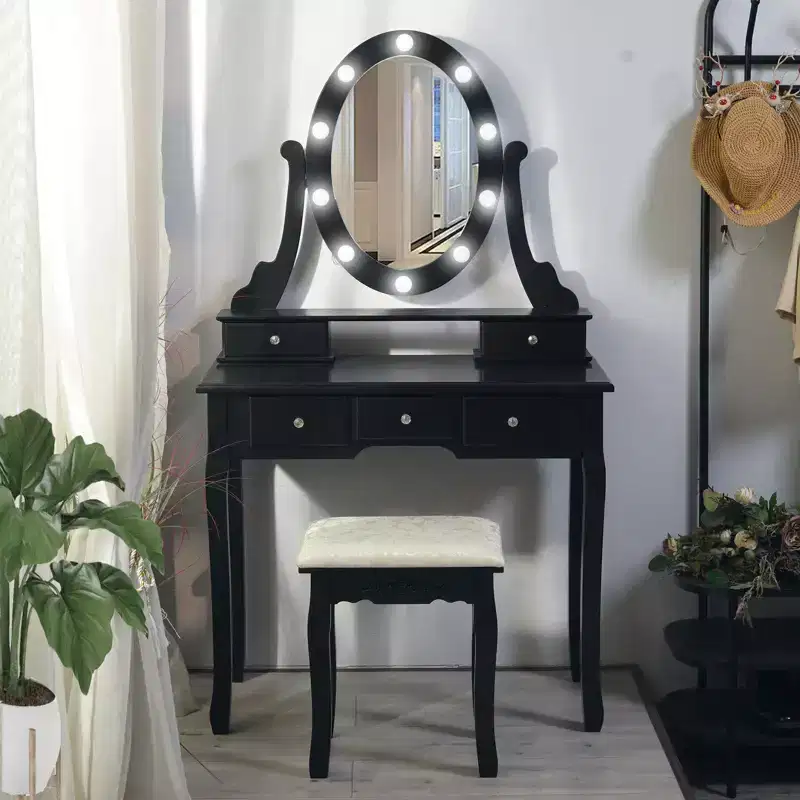 COZONY Vanity Desk with Lights, Wood Makeup Table with Oval Mirror & Stool, 3-Color Lighting, 5 Large Drawers