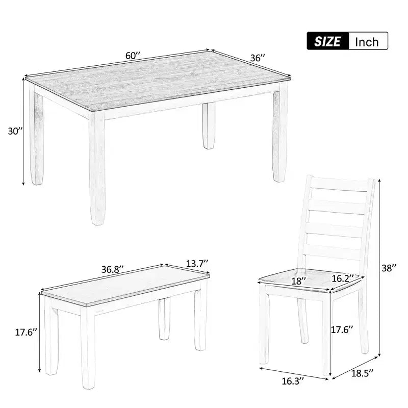 6 PCS Rustic Wood Dining Table Set, Rectangular Table with 4 Chairs & Bench-ModernLuxe