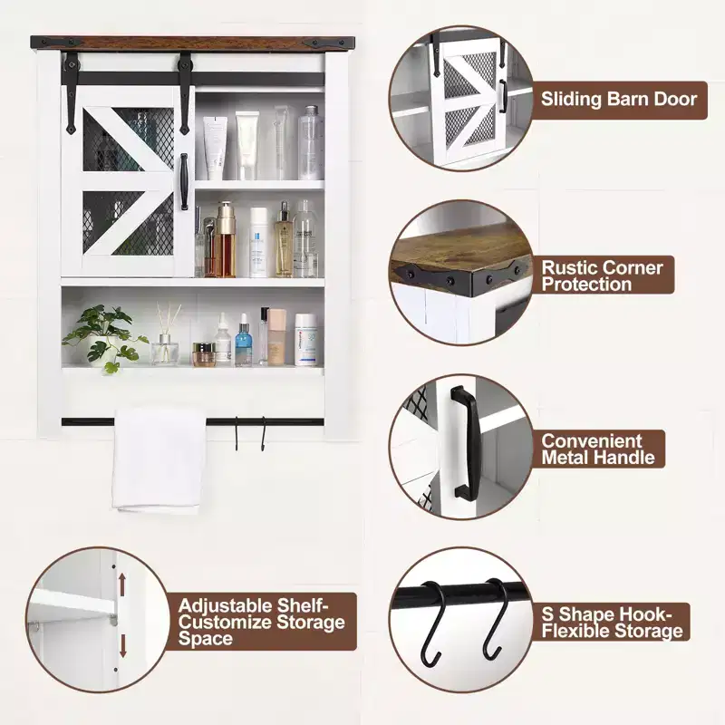 Bathroom Wall Cabinet, Over Toilet Storage Cabinets with Sliding Barn Door & Adjustable Shelf, Kitchen Storage Cupboard, 23.6 D x 7.9 W x 29.1 H
