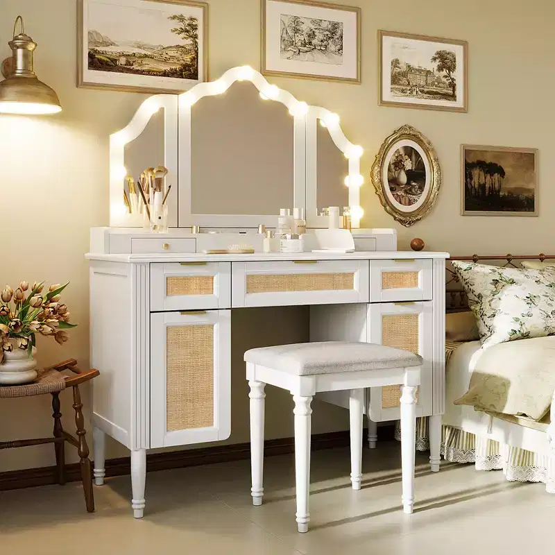 44.37 Makeup Vanity Desk with 13 LED Bulbs, 3 Lighting Modes, Tri-Fold Mirror, 5 Drawers & Shelves, Bedroom Charging Station, White