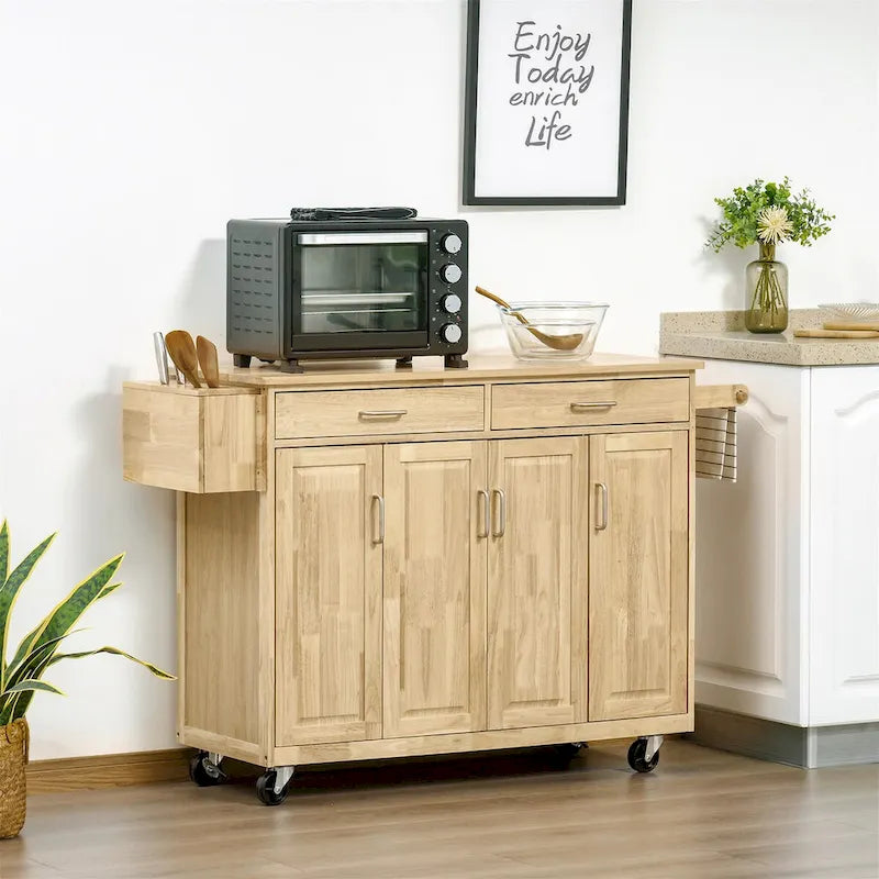 Rolling Rubberwood Kitchen Island with 2 Drawers 3 Cabinets Knife Holder and Spice Rack