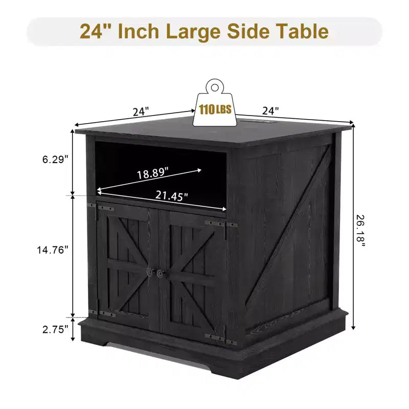 MUUEGM 24 Farmhouse End Table| Wood Rustic Nightstand Bedside Table with Charging Station and Barn Door