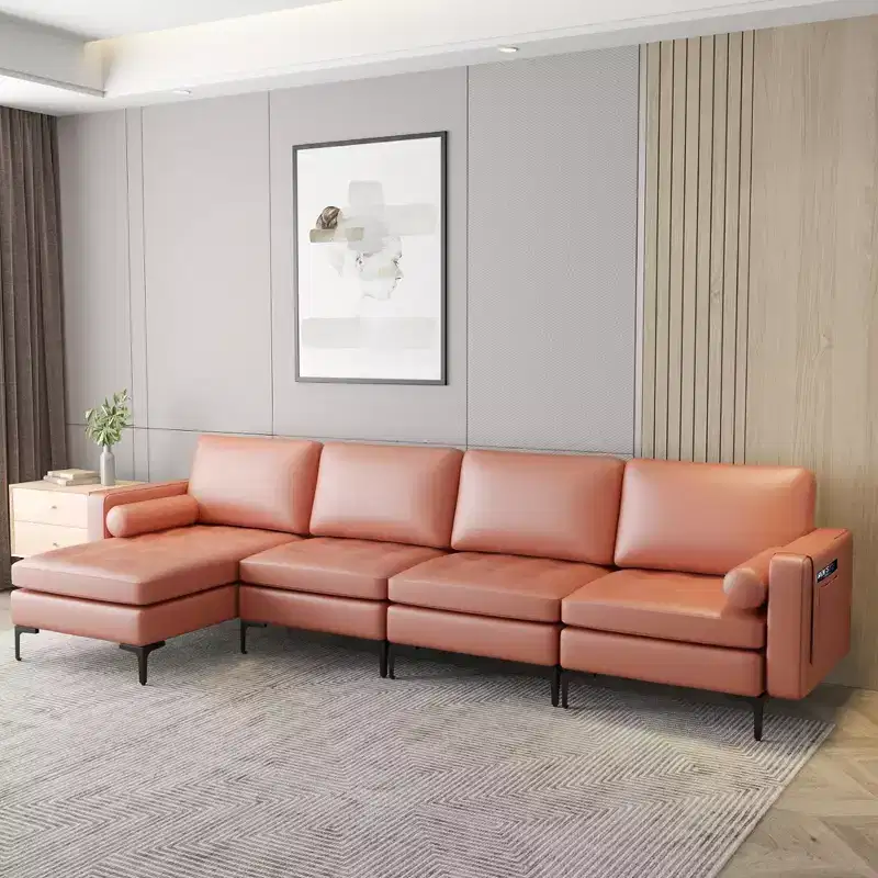 Costway Modular L-shaped Sectional Sofa with Reversible Chaise & 2 USB Ports Coral Pink/Grey