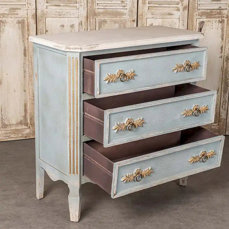 Distressed Light Blue Cream Top 2-Drawer Wood Cabinet with Gold Accents