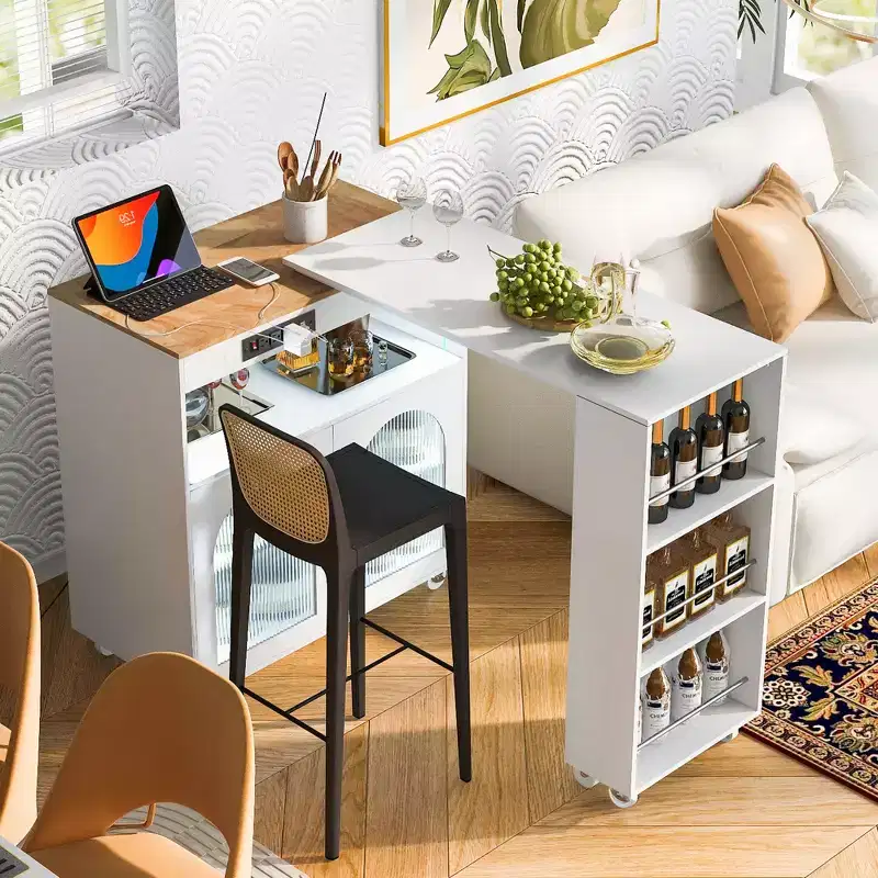 JVNOXK-Extendable Desktop Rolling Kitchen Island with LED Lighting, Power Outlets, and Double-Door Frosted Glass Panels, White