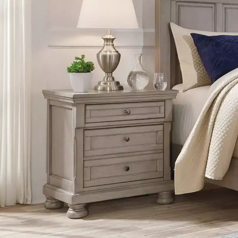 Lettner Two Drawer Nightstand Light Gray - Signature Design by Ashley: Inlaid Panels, Bun Feet, Modern Sophistication