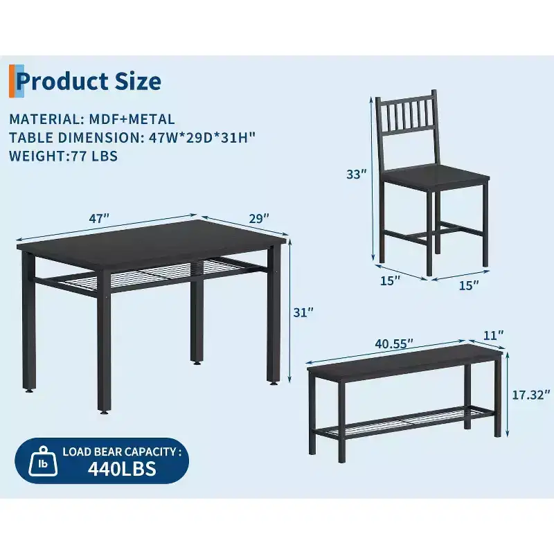 Farmhouse Kitchen Table Chairs Set,47 Dining Table with Bench& Chairs,Metal Frame,Space-Saving Design (Black)