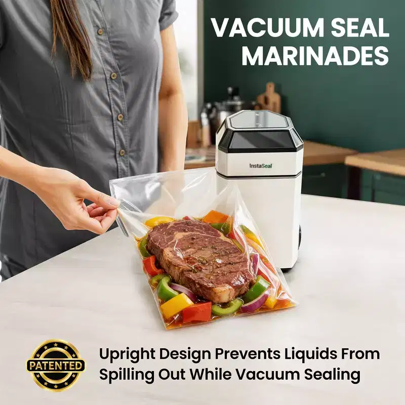 InstaSeal Vacuum Sealer Food Saver Bag Sealer Machine Upright Suction Base With 12 Food Safe Storage Bags
