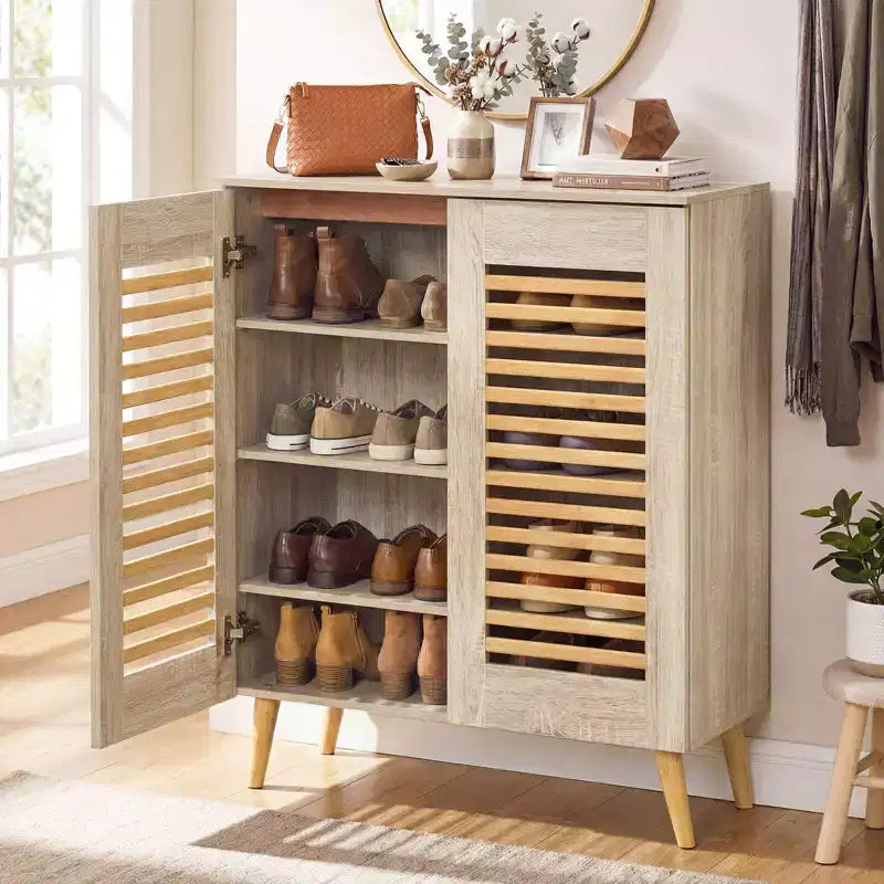 Costway Shoe Cabinet with 2 Louvered Doors&3 Removable Shelves,5-Tier NarrowCabinet Natural/Walnut