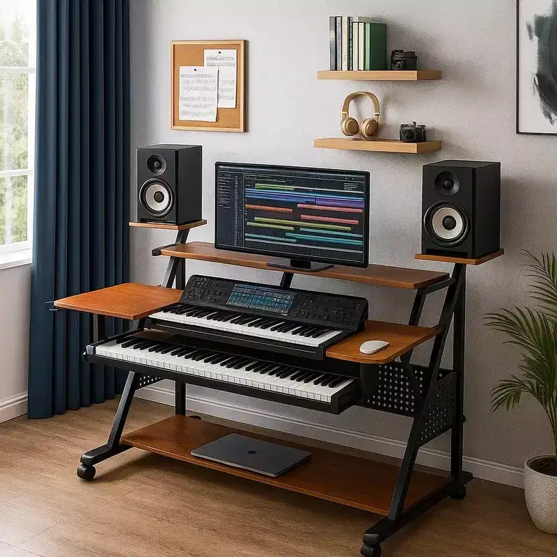 Royal Hampton 67 Inch Wood Music Desk Studio Station, Keyboard Tray Shelves, Walnut