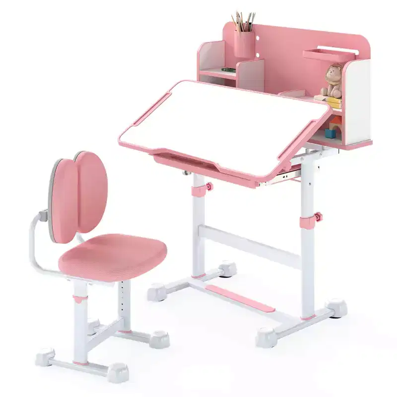 Costway Kids Study Desk & Chair Set with Tilt Desktop, Pen Holder & Tray, Reading Stand Blue/Gray